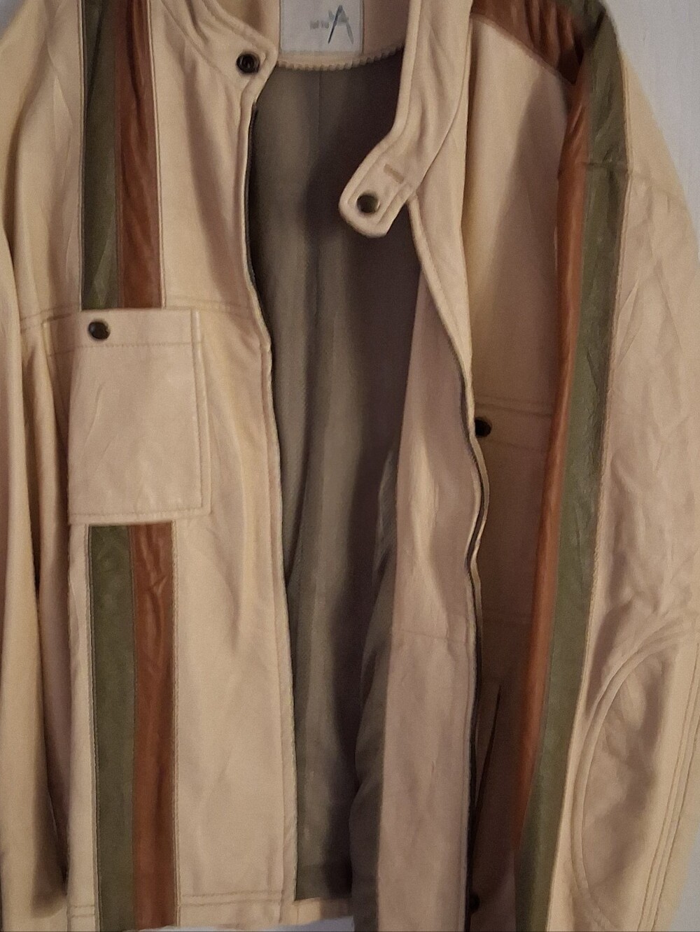 Beige Men's Zip-Front Jacket with Brown & Olive Stripes
